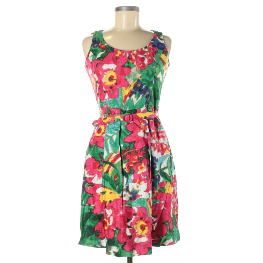 ELIZA J Floral Linen Cotton Belted Dress Size 8